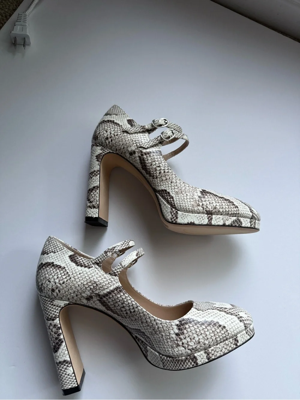 Stuart Weitzman Snake-Print Double-Strap Pumps in Beige and Brown